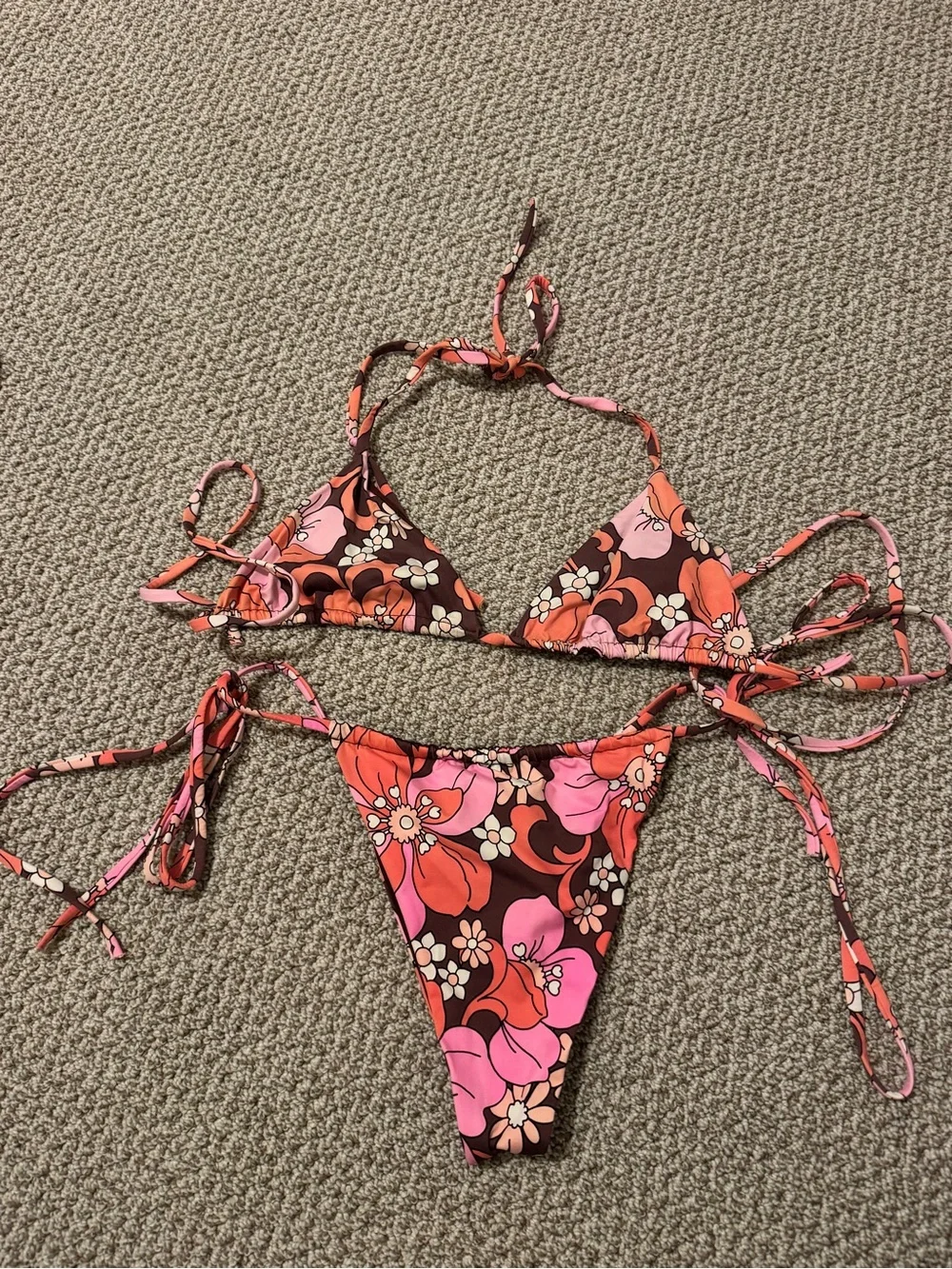 Frankie's Bikinis Brown, Coral & Pink Floral Tie-Side Bikini